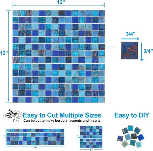 Miniatura 2 de LSDECO Azulejos de mosaico de 12 x 12 pulgadas, azulejos de vidrio, azulejos para cocina, baño, piscina (mezcla de azul cobalto, 1 pies cuadrados)