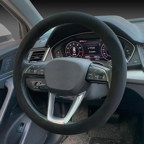 Miniatura 5 de Carodi Funda de gamuza para volante, de cuero antideslizante, ajuste interior de automóvil de 15 pulgadas, universal Negro