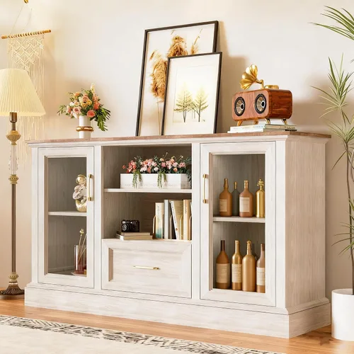 Miniatura 3 de Soporte de TV de granja para TV de 55/60/65 pulgadas, consola multimedia alta con 2 puertas de vidrio y 3 estantes ajustables, centro