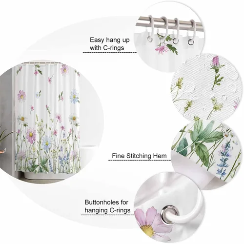 Miniatura 5 de YOKOU Cortina de ducha, flores silvestres con estampado floral de acuarela de primavera, plantas repelentes al agua, tela de poliéster, cortinas