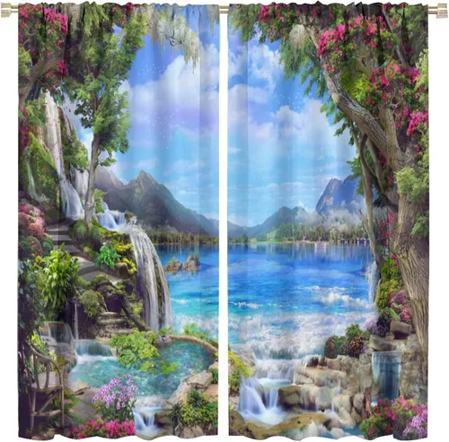 Miniatura 69 de Cortina opaca de bosque de verano, diseño de ramas de bosque, con bolsillo para barra, cortinas farbic con bolsillo para barra, comedor, cafetería