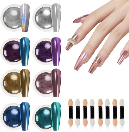 Miniatura 11 de Juego de 2 frascos de polvo de uñas de cromo perla, polvo de uñas de sirena cromado, kit de polvo iridiscente con purpurina iridiscente, decoración