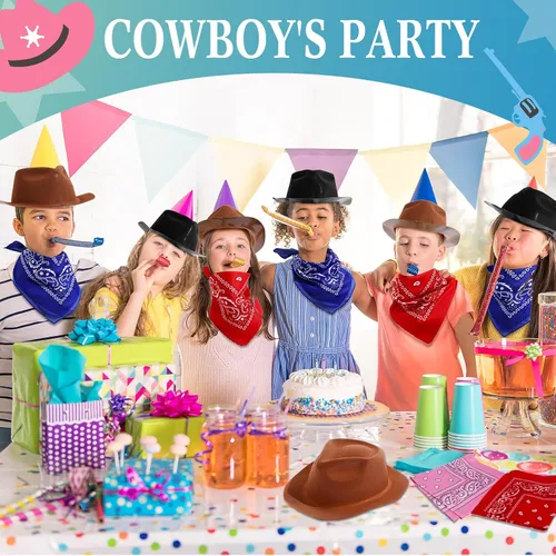 Miniatura 6 de Hillban 72 piezas de sombrero de vaquero occidental y set de bandana de paisley para niños, sombreros de fiesta de vaquero de fieltro para marrón