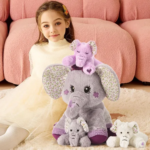 Miniatura 6 de Elefante mamá de peluche de animal de peluche mamá y bebé, lindo juego familiar pequeño de 13 pulgadas con mini bebés, regalos para niños
