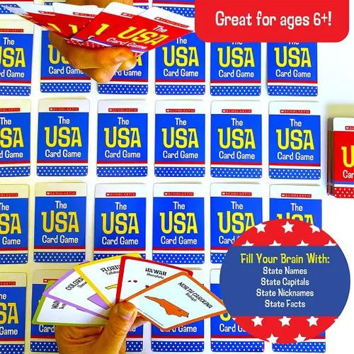 Miniatura 3 de University Games, Juego de cartas de viaje Scholastic USA, Aprende capitales estatales y hechos históricos, Gran juego de cartas de desafío