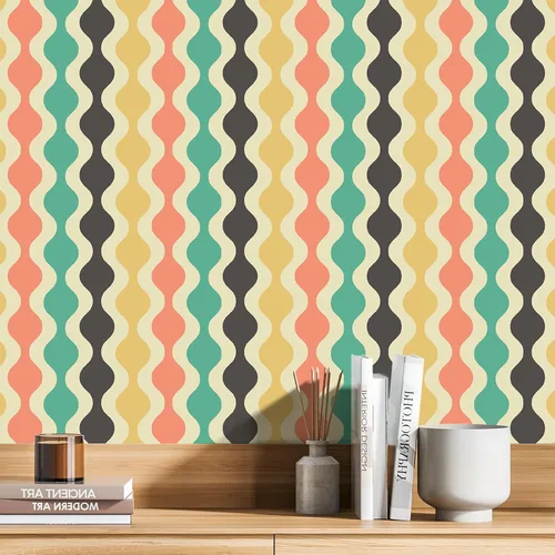 Miniatura 4 de VaryPaper Papel tapiz geométrico retro de 17.7 x 78.7 pulgadas, para despegar y pegar, papel tapiz vintage con rayas onduladas para dormitorio