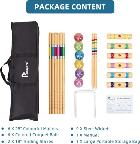 Miniatura 8 de Juego de croquet para seis jugadores con mazos de madera de primera calidad de 28 pulgadas, bola de colores, mechones, estacas, juego perfecto al