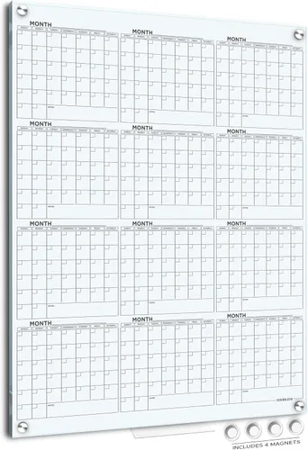 Miniatura 12 de Pizarra blanca magnética negra de vidrio de 34 x 46 pulgadas, calendario anual, pizarra blanca, calendario de borrado en seco para pared, pizarra