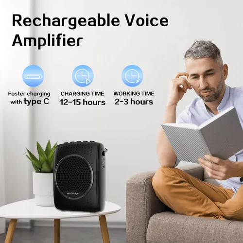 Miniatura 8 de Juego de micrófono y altavoz de voz ultra portátil, mini altavoz con 2 micrófonos, amplificador recargable con micrófono Lavalier/Auriculares