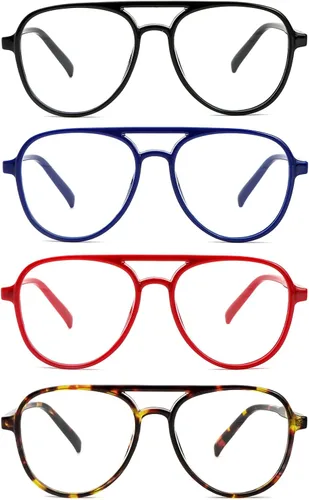 Miniatura 7 de MMOWW Paquete de 4 gafas de lectura estilo aviador sobredimensionadas para mujeres y hombres, estilo piloto retro de doble puente, con bloqueo
