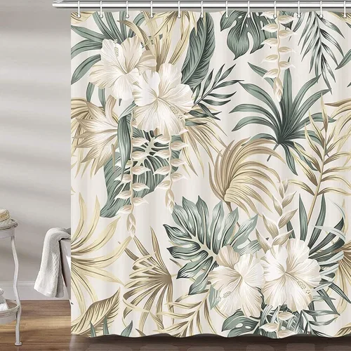 Miniatura 3 de DYNH Cortina de ducha para baño, diseño de plantas tropicales, plantas tropicales, caravanas, hojas de palmera verde salvia, beige, bonita