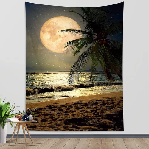 Miniatura 24 de LB Tapiz pequeño de luna llena sobre océano, tapiz de pared de cielo nocturno estrellado, fantasía 3D, arte de pared de luna grande en blanco