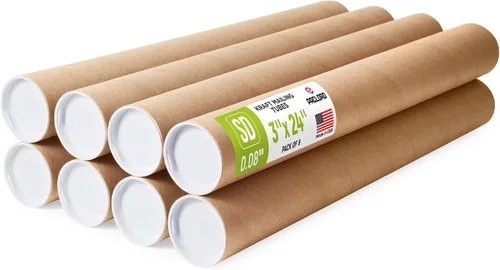 Tubos de correo de papel kraft reforzado de 3 x 24 pulgadas, paquete de 8 tubos con 2 tapas cada uno, tubo de cartón fabricado en Estados Unidos