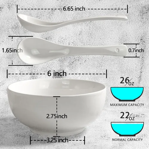Miniatura 2 de Artena Cuencos de sopa y cucharas de sopa, cuencos de cereales de 26 onzas y cucharas de cereales, juego de cuencos y cucharas de cerámica blanca