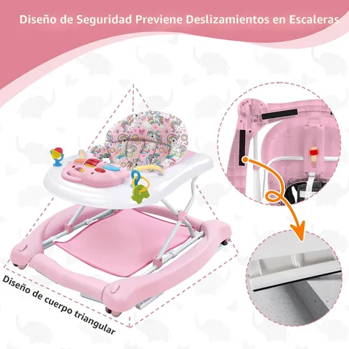 Miniatura 7 de Andador de actividades plegable 5 en 1 para bebé, balancín, centro de actividades, gorila, caminador de asiento, caminador de empuje, ruedas Rosa