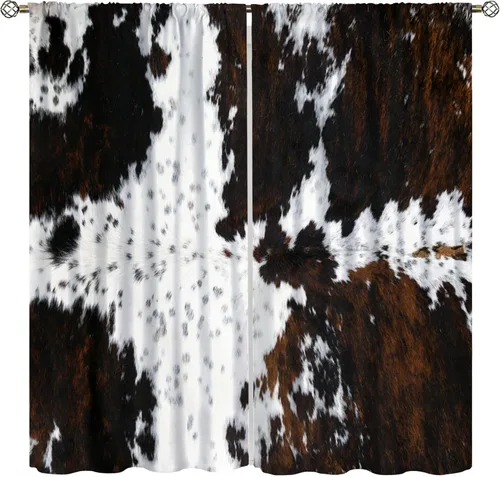 YCness Cortinas con estampado de vaca, cortinas de piel de animal de piel de vaca marrón, tratamiento de ventana de granja occidental para niños,
