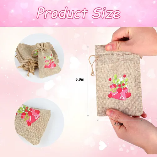 Miniatura 2 de DERAYEE 36 bolsas de regalo de arpillera para el día de San Valentín con cordón, 4 x 6 pulgadas, pequeñas bolsas de lino con corazón de San
