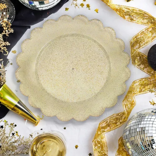 Miniatura 3 de BLUE PANDA Paquete de 50 platos de plástico dorados, platos dorados con purpurina con bordes festoneados, desechables para cumpleaños, bodas