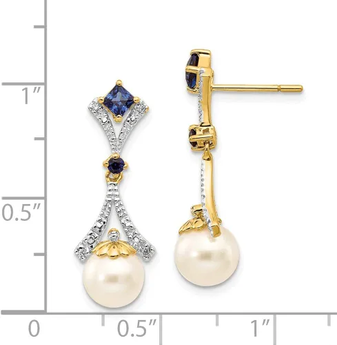 Miniatura 3 de Pendientes de oro amarillo macizo de 14 quilates, 0.276 0.315in, perlas cultivadas de agua dulce, color azul zafiro de septiembre, con piedras