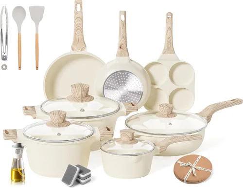 Juego de 20 piezas de ollas y sartenes antiadherentes, juego de utensilios de cocina antiadherentes de granito blanco, juego de cocina no tóxico de