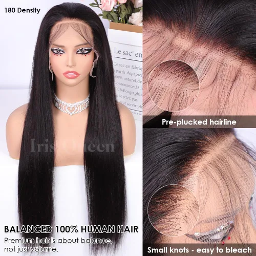 Miniatura 2 de Iris Queen Pelucas de cabello humano lacio HD 12A 13x4 con encaje frontal transparente de densidad 180 con cabello de bebé para mujer, color negro