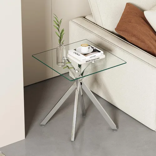 Miniatura 9 de Juego de 2 mesas auxiliares de cristal, mesa auxiliar cuadrada moderna con vidrio templado transparente y marco de metal cromado plateado, mesita