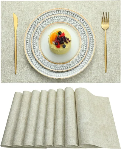 Juego de 6 manteles individuales lavables, resistentes al calor, de PVC tejidos para mesa de comedor, color beige, 6 piezas