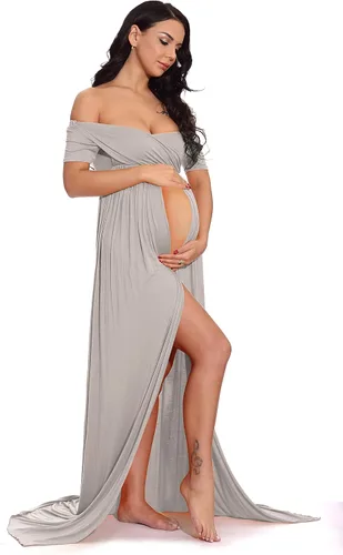 Miniatura 3 de ZIUMUDY Vestido largo de maternidad con hombros descubiertos y fruncido con abertura frontal