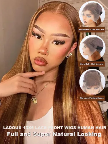 Miniatura 2 de Ladoux Pelucas de cabello humano lacio con reflejos degradados de 13 x 6 pulgadas, encaje frontal transparente HD, 14 pulgadas, densidad del 180%
