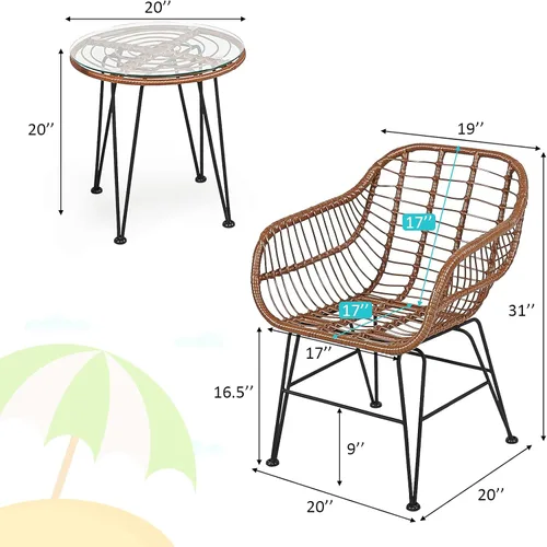 Miniatura 15 de Tangkula - Juego de 3 piezas para conversación en el patio, juego de muebles de mimbre al aire libre con mesa redonda de vidrio templado y 2