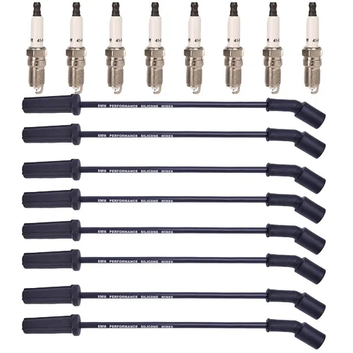 RLP Juego de cables de bujía 9748HH de 0.315 in negro + bujías 41-962 compatibles con Cadillac Escalade, Chevy Silverado Suburban Tahoe GMC Sierra