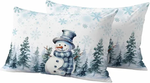 Miniatura 11 de Funda de almohada de invierno para exteriores, impermeables, paquete de 2 fundas de cojín con diseño de copos de nieve en acuarela de Navidad