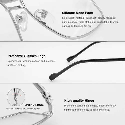 Miniatura 5 de Gafas de lectura para hombre, cuadrado, doble puente, bloqueo de luz azul, para lectura de computadora Plateado