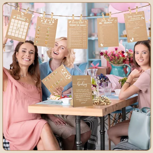 Miniatura 6 de Patelai Juego de 321 piezas de papel kraft para baby shower para niña o niño, juego de 5 juegos que incluye divertidos juegos de bingo para baby