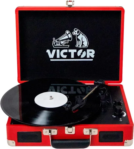 VICTOR Metro - Tocadiscos portátil de maleta de 3 velocidades con doble entrada y salida Bluetooth y altavoces estéreo integrados, rojo (VSRP-800-RD)