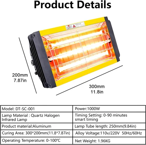 Miniatura 3 de Lámpara de curado de pintura infrarroja portátil de mano, 1000 W, 110 V, luz de calor de pintura infrarroja de onda corta con temporizador de 0 a 90