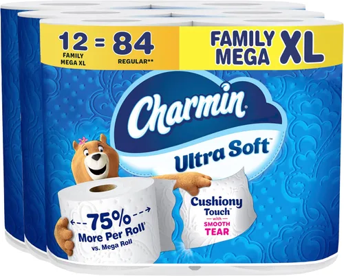 Charmin Papel higiénico ultra suave al tacto, 12 rollos Mega XL familiares = 84 rollos regulares