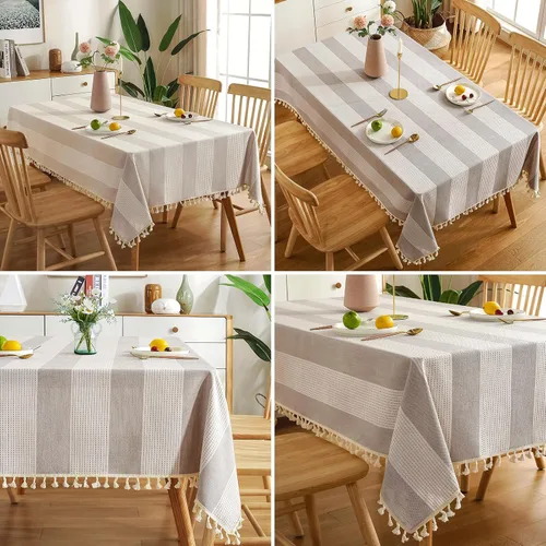 Miniatura 4 de AmHoo Mantel rectangular de lino y algodón con borlas y costuras a rayas, a prueba de polvo, para cocina y comedor, 54 x 54 pulgadas, color beige