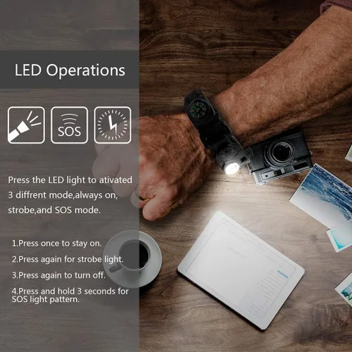 Miniatura 3 de Brazalete de paracord de supervivencia 20 en 1, kit de equipo ajustable con luz LED SOS, arrancador de fuego, brújula más grande, silbato de Negro