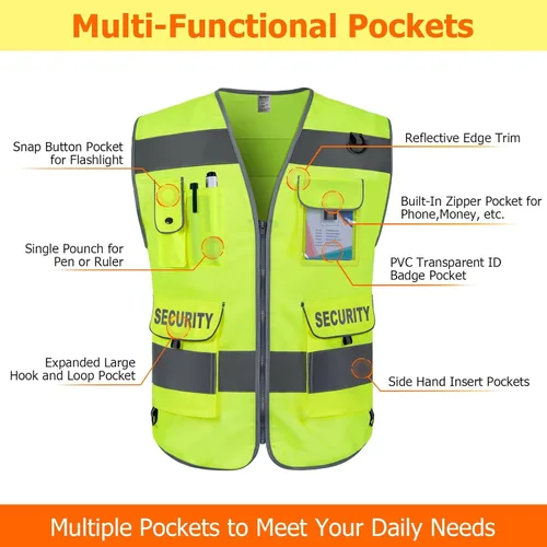 Miniatura 3 de TCCFCCT Chaleco de seguridad para guardia de seguridad de 9 bolsillos, chaleco reflectante de alta visibilidad para hombres y mujeres, chaleco