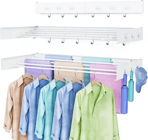 Miniatura 15 de Tendedero de secado para ropa, montaje en pared, plegable, plegable, capacidad de 60 libras, 5 postes de aluminio con 6 ganchos, ahorro de espacio