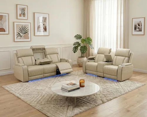 Miniatura 22 de Juego de 3 piezas para sala de estar, sofá reclinable eléctrico de cuero con puertos USB, iluminación LED y portavasos, asientos de cine en casa