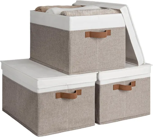 Miniatura 20 de StorageWorks Contenedores de almacenamiento de tela con tapas, contenedores de almacenamiento decorativos con asas de poliuretano, cestas