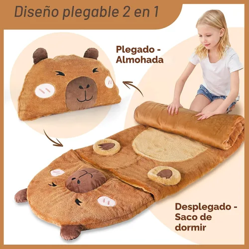 Miniatura 4 de iPlay, iLearn Saco de dormir para niños, saco de dormir Capybara de felpa, tapete para siesta para niña y niño, almohada de animal marrón 2 en 1