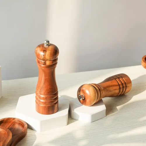 Miniatura 3 de Juego de molinillo de sal y pimienta, juego de 2 molinillo de sal y pimienta con molinillo de cerámica, madera de acacia, altura de 6.5 in