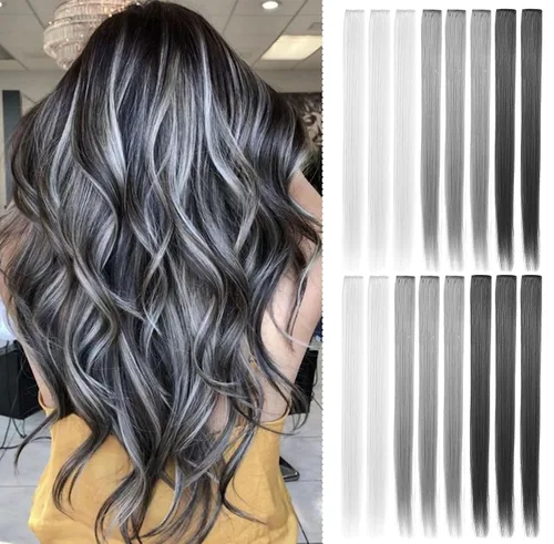 Miniatura 10 de 16 extensiones de cabello de colores con clip para fiestas, 21 pulgadas, lacio, sintético, extensiones de cabello azul claro para niñas y mujeres