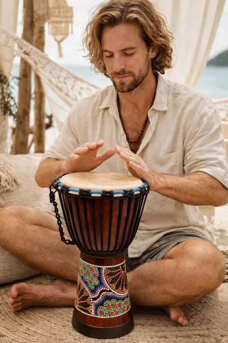 Miniatura 5 de Tambor Djembe – Tambor de mano africano de 16 pulgadas de alto, sonido profesional y calidad, madera de caoba tallada a mano con cabeza de piel