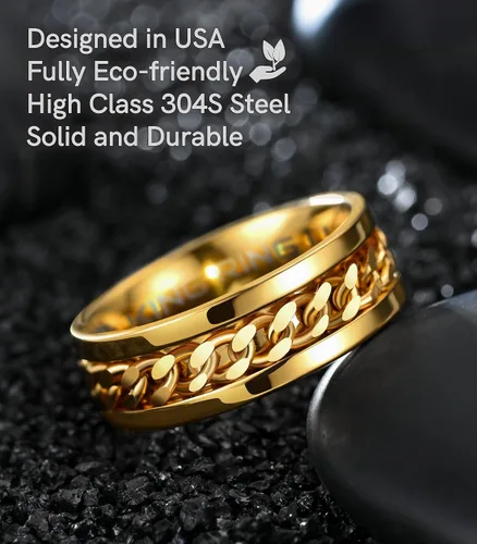Miniatura 46 de King Ring Anillo giratorio de 0.315 pulgadas, anillo plano pulido fino para hombres y mujeres con cadena cubana, diseñado en Estados Unidos