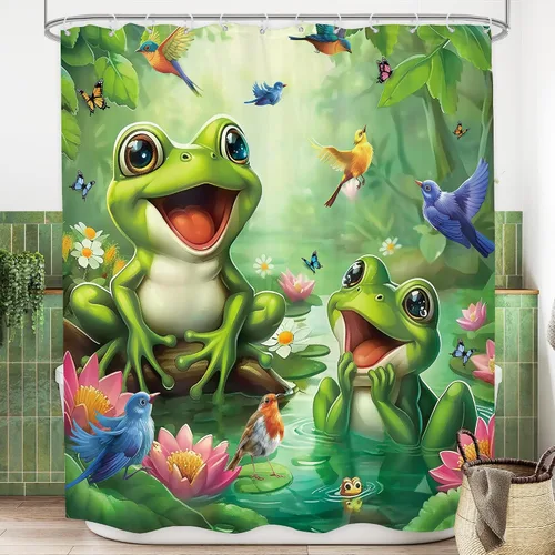Miniatura 10 de Cortina de Ducha Divertida de Rana Juego de Baño 48 Pulgadas de Ancho x 71 Pulgadas de Alto Lindo Animal Retro Tomando Ducha Patito de Goma