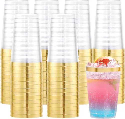 Miniatura 10 de Supernal 100 piezas de vasos de plástico azules, vasos desechables transparentes azules claros de 10 onzas con borde dorado, vasos de plástico
